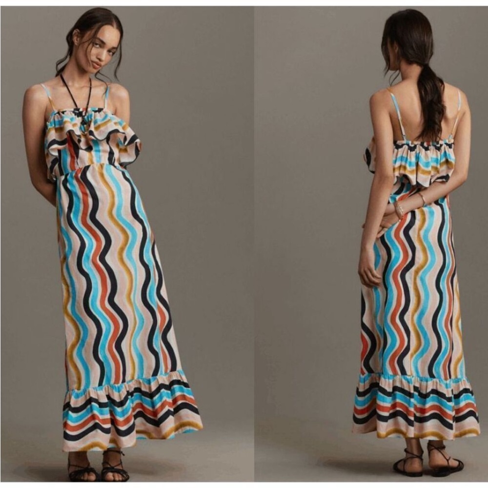 FARM RIO for Anthro Wavy Multi-Color Ruffle Maxi Dress S